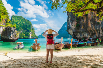 Traveler woman on vacation beach joy nature view scenic landscape island Krabi, Attraction famous popular place tourist travel Phuket Thailand summer holiday trips, Tourism beautiful destination Asia