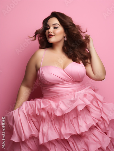 Beautiful overweight caucasian woman with brown hair on pink background, ai generated 