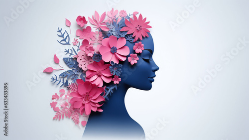 3D Paper-Cut Artistry Melding Woman's Silhouette Deep Blue Floral Ornaments Graceful Leaves Intertwined Throughout Her Hair, Artistic Fusion Nature's Passion Crafted Opulence © Talha