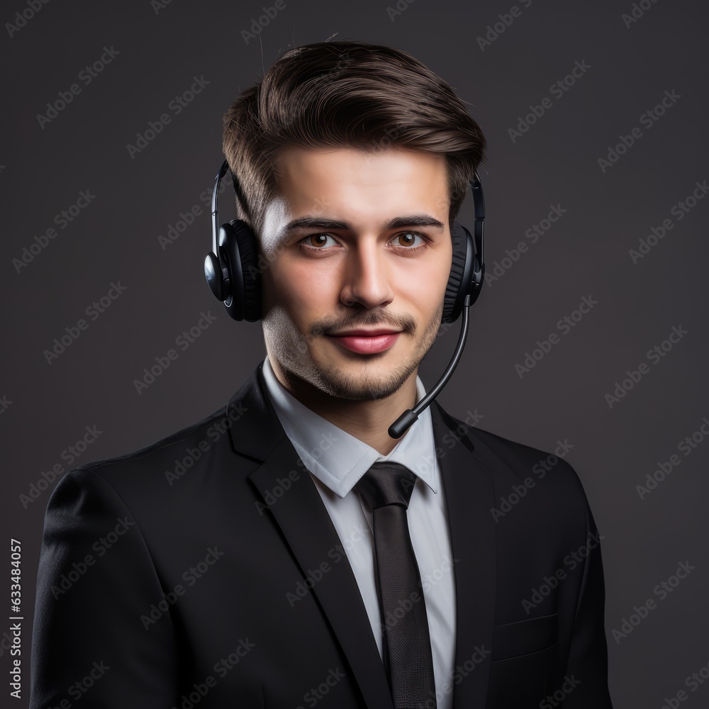 Young man in a headset, representing a customer service agent - Helping voice on the line - AI Generated Young man in a headset, representing a customer service agent - Helping voice on the line - AI Generated