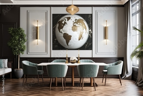 The dining room has a fashionable and diverse interior decor with a poster map displayed on the wall, chairs featuring a sharing table design, a luxurious gold pendant lamp, and an elegant sofa in a
