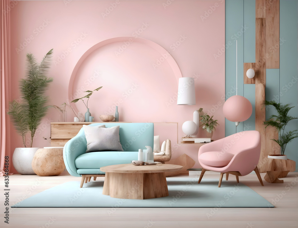 interior, background, design, styling, stylish, fresh, pink, blue, pastel, living room, room, furniture, table, sofa, home, house, wall, floor, luxury, couch, contemporary, light, apartment, wood, ind