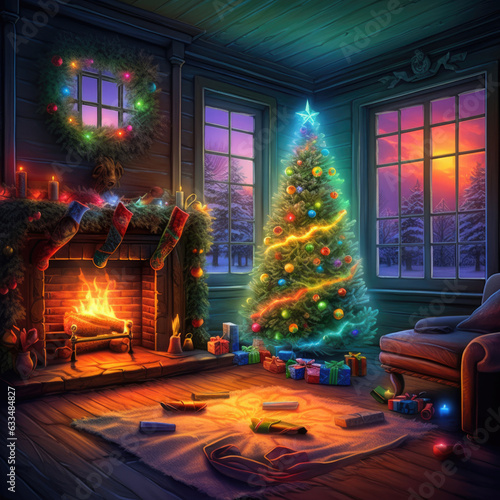 Living room interior with decorated fireplace and christmas tree.Background