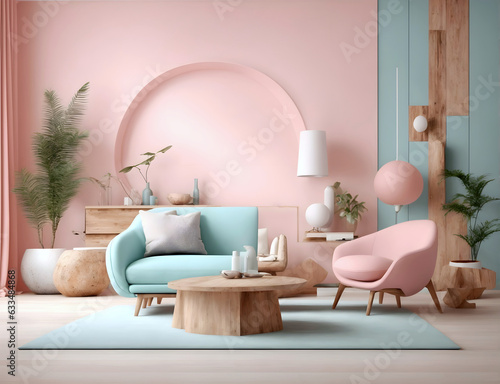 Obraz na płótnie interior, background, design, styling, stylish, fresh, pink, blue, pastel, living room, room, furniture, table, sofa, home, house, wall, floor, luxury, couch, contemporary, light, apartment, wood, ind w salonie