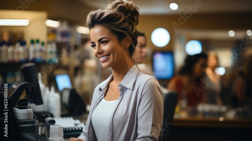 Pharmacy Kassa: female pharmacist. cashier in the store, shop. Generative Ai photo