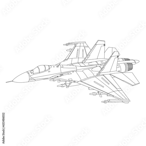 Sukhoi Su-27 Aircraft Outline Illustration. Fighter Jet Su27 Flanker Coloring Book For Children And Adults. Military Airplane Isolated on White Background. Plane Drawing Line Art Vector Illustration photo