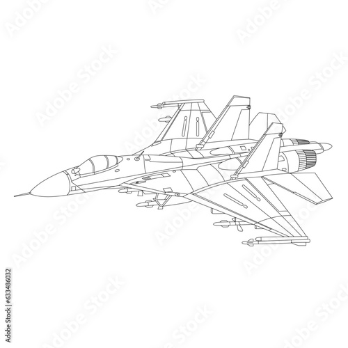 Sukhoi Su-27 Aircraft Outline Illustration. Fighter Jet Su27 Flanker Coloring Book For Children And Adults. Military Airplane Isolated on White Background. Plane Drawing Line Art Vector Illustration