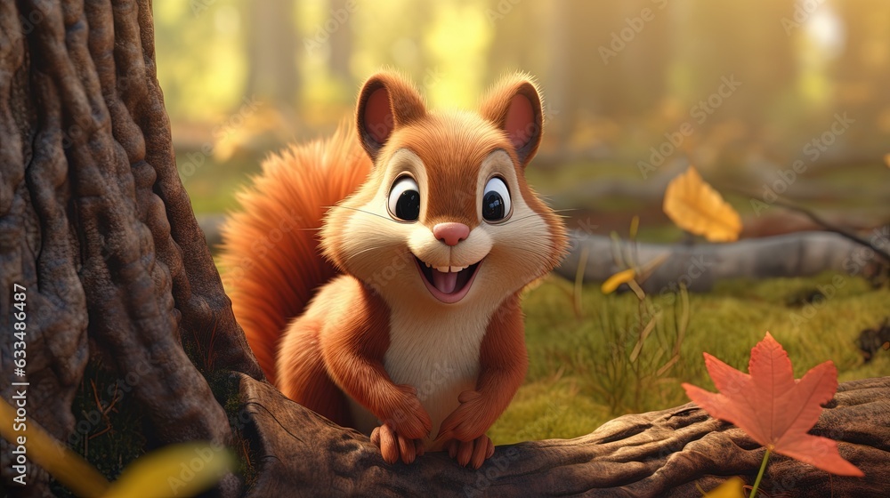  a cartoon squirrel standing next to a tree in a forest.  generative ai