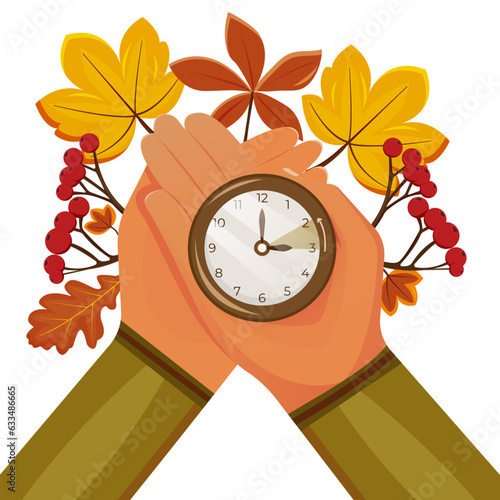 Winter time concept. Clocks are set back one hour to winter time. Back. Hands hold a watch.