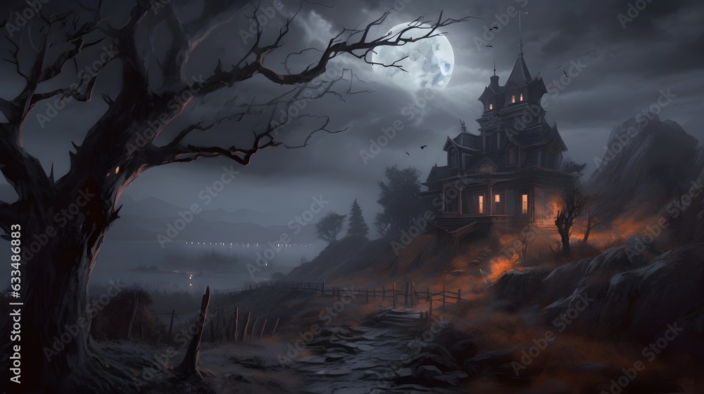 halloween scary spooky castle in the forest generative art
