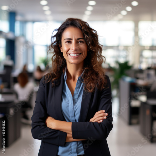 Spanish business woman 30-40 years old closeup in the office, generative ai