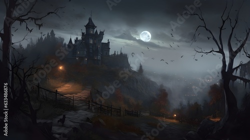 spooky halloween castle in the night generative art