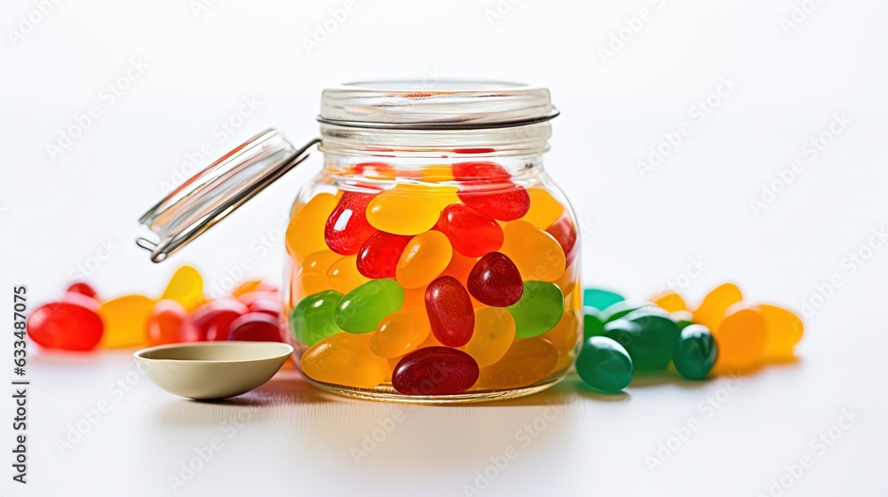 a jar filled with gummy bears next to a spoon. generative ai a jar filled with gummy bears next to a spoon. generative ai