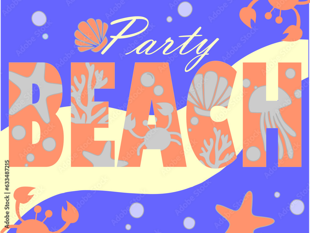 Beach party - vector illustration. Shells, crabs, algae on a coral background.
