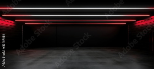 minimalist empty garage with red lights, in an underground ambiance