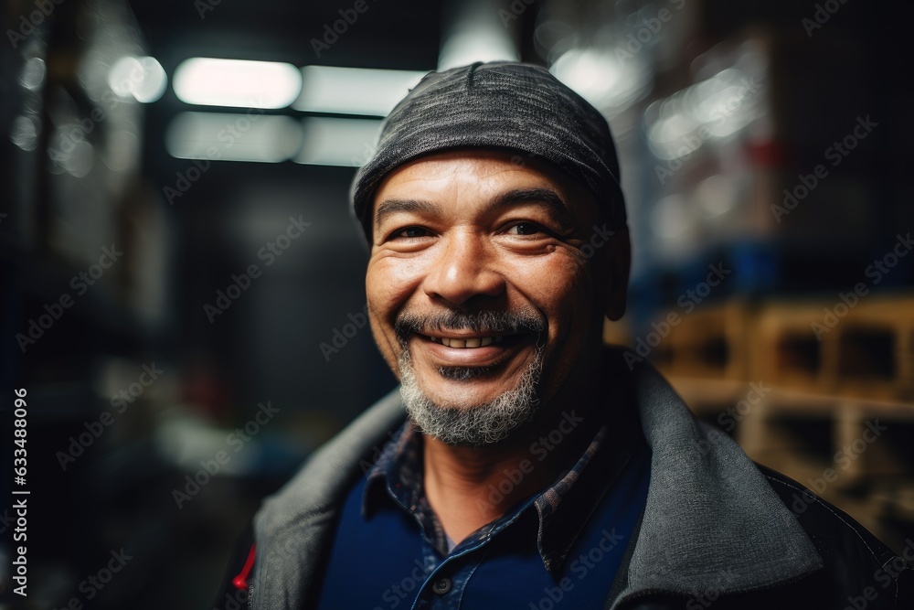 Mexican latin warehouse worker smiling portrait in a warehouse Mexican latin warehouse worker smiling portrait in a warehouse