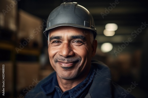 Mexican latin warehouse worker smiling portrait in a warehouse © Baba Images