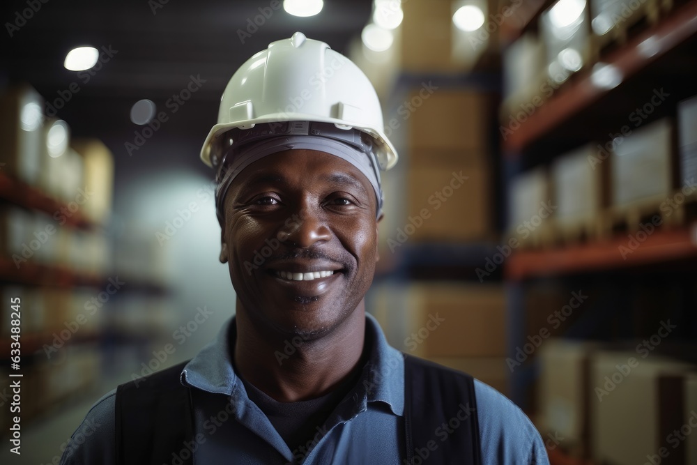 African american warehouse worker portrait in a warehouse smiling African american warehouse worker portrait in a warehouse smiling