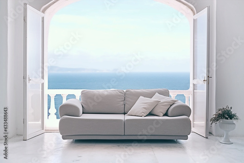 White sofa in a white interior with sea views. Generative AI © voisine574