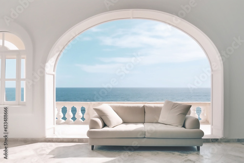 White sofa in a white interior with sea views. Generative AI © voisine574
