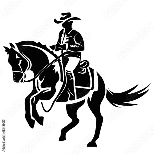 Cowboy on a horse, black and white vector illustration, Man riding a horse black and white stock vector image