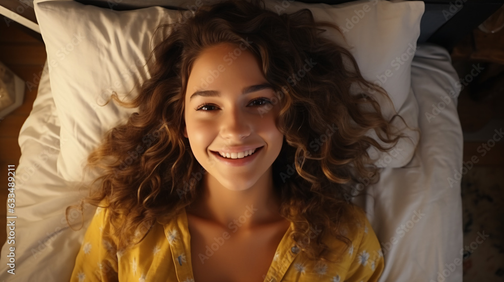 Top View Apartment: A Gorgeous Young Woman Wakes Up in Her Bed, Meets the New Day with a Radiant Smile as She Gazes Directly at the Camera. Top View Apartment: A Gorgeous Young Woman Wakes Up in Her Bed, Meets the New Day with a Radiant Smile as She Gazes Directly at the Camera.