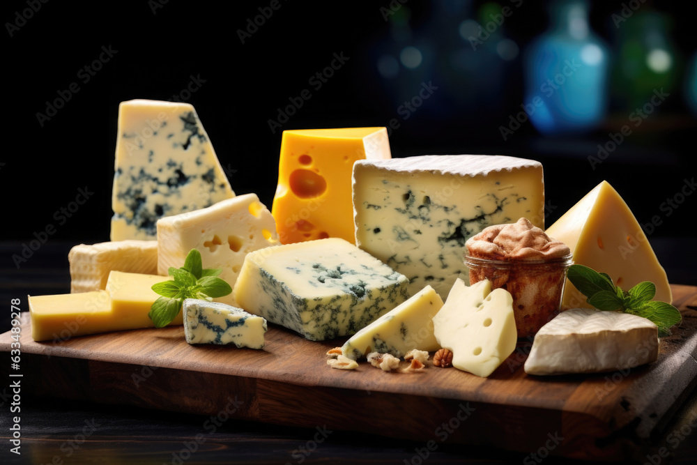 Different types of cheese on wooden table on dark background. Cheese assortment