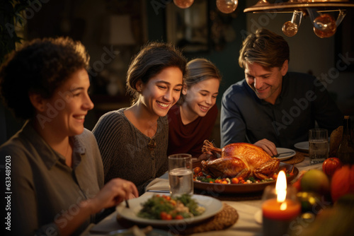Family celebrates Thanksgiving together. People are sitting at table and eating roast turkey at festive dinner