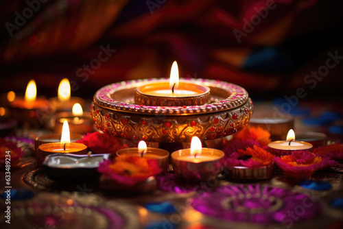 Diwali festival of lights celebration. Diya oil lamps with burning candles on dark background