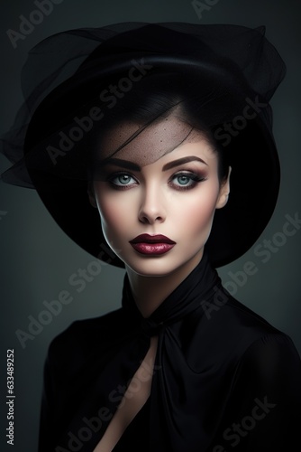 Beautiful woman in black vintage clothes and hat, Generative AI