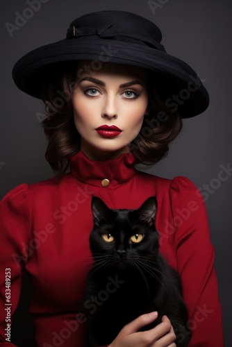 Beautiful woman in black vintage clothes and hat, holding a black cat, Generative AI