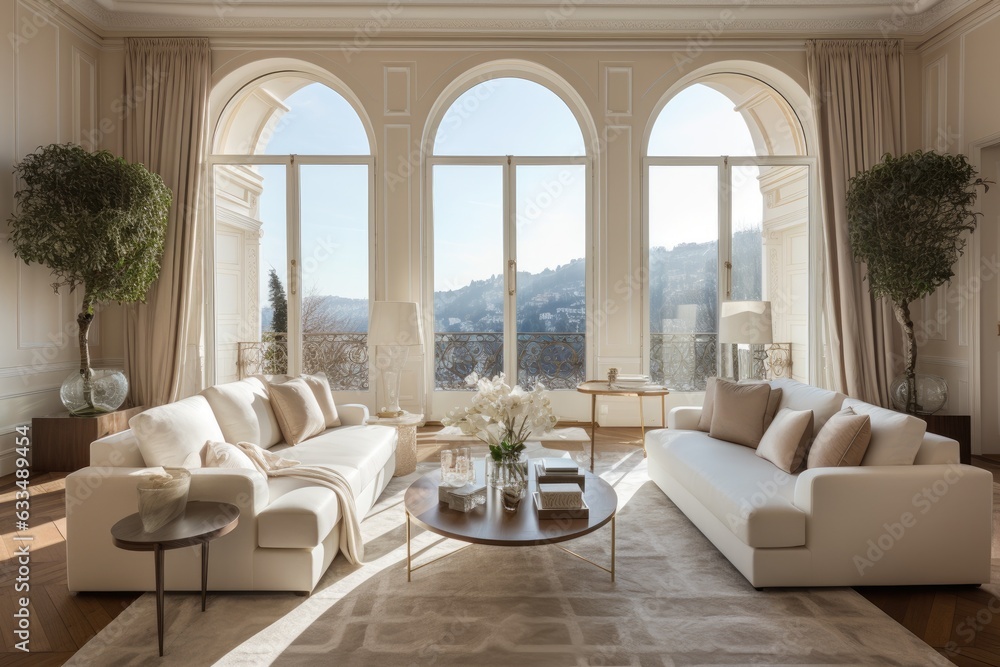 A classic living room with a panoramic view featuring a wall with elegant moldings, arched doors adorned with curtains, and a beautiful parquet floor. The color scheme revolves around white and beige A classic living room with a panoramic view featuring a wall with elegant moldings, arched doors adorned with curtains, and a beautiful parquet floor. The color scheme revolves around white and beige