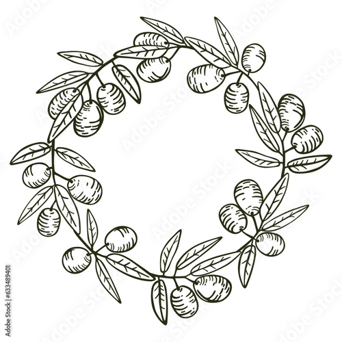 Wreath, round frame of olive branches with ripe fruit leaves. Vector hand drawn single color drawing isolated on white background.