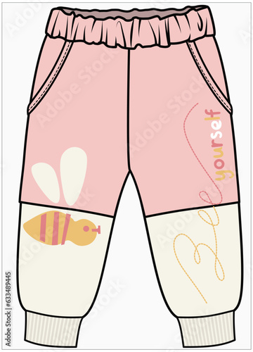 CUT AND SEW PANEL KNIT COLOR BLOCK JOGGER WITH BEE GRAPHICS AND TEXT EMBROIDERY DETAIL DESIGN FOR BABY GIRLS INFANT GIRLS AND TODDLER GIRLS VECTOR ILLUSTRATION