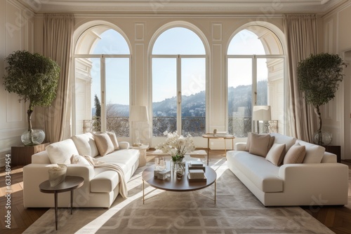 A classic living room with a panoramic view featuring a wall with elegant moldings  arched doors adorned with curtains  and a beautiful parquet floor. The color scheme revolves around white and beige