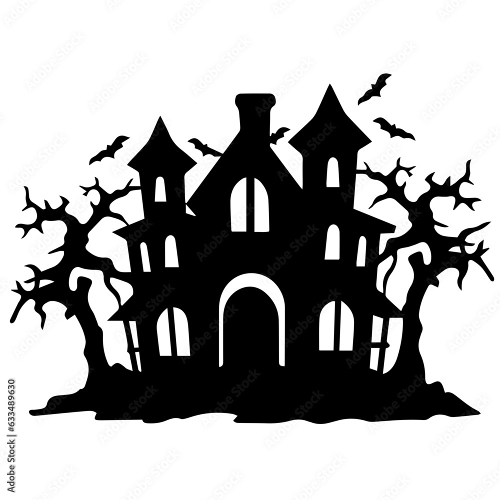 Illustration of silhouette a scary house. Mystical house with monsters and ghost for Halloween Illustration of silhouette a scary house. Mystical house with monsters and ghost for Halloween