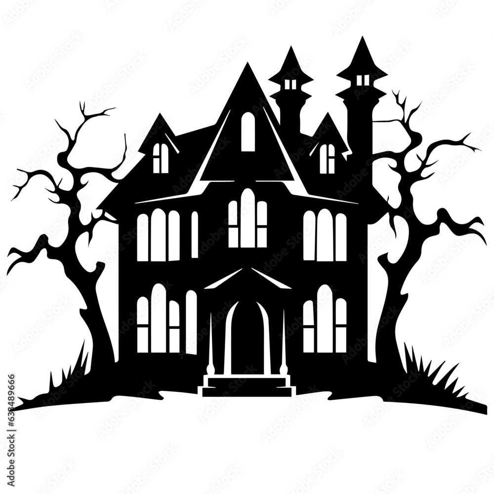 Illustration of silhouette a scary house. Mystical house with monsters and ghost for Halloween Illustration of silhouette a scary house. Mystical house with monsters and ghost for Halloween