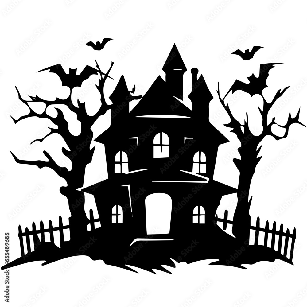 Illustration of silhouette a scary house. Mystical house with monsters and ghost for Halloween