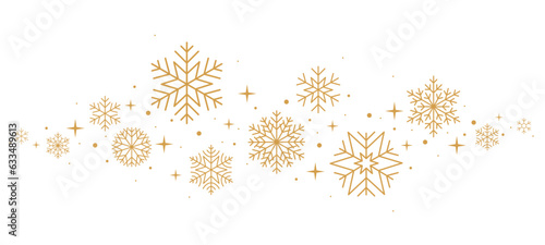 Christmas border. Gold snowflakes and stars banner