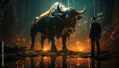 Bull man  boss businessman earns money on the stock exchange by trading shares  economic growth in sales income. Made in AI.