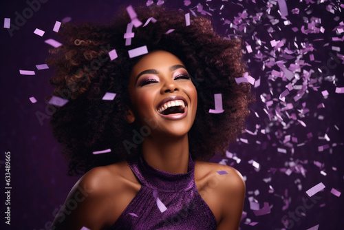 Beautiful african american young woman with curly hair having fun in the party with confetti Generative AI