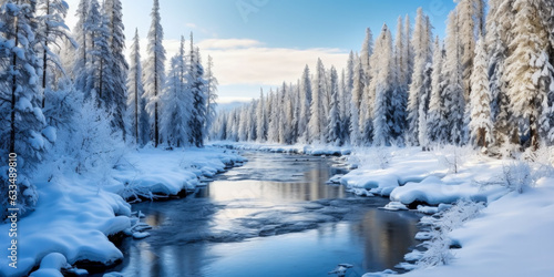 River in the forest winter landscape - Generative AI © jovannig