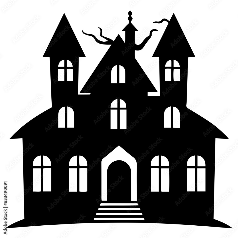 Illustration of silhouette a scary house. Mystical house with monsters and ghost for Halloween