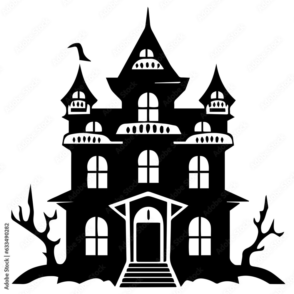 Illustration of silhouette a scary house. Mystical house with monsters and ghost for Halloween Illustration of silhouette a scary house. Mystical house with monsters and ghost for Halloween