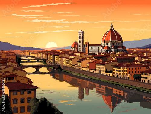Valokuva Florence skyline at sunset with Duomo and Ponte Vecchio, Italy.