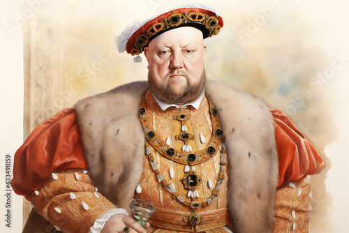 Henry VIII watercolour portrait Tudor king of England UK in the 16th century, who abolished the Catholic monasteries during the Reformation, computer Generative AI stock illustration image