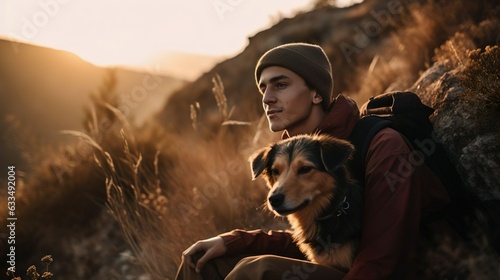 Young man guy tourist with the backpack and a dog sitting on top of a hill and admiring the view. Travel adventure tourism concept. #633492004