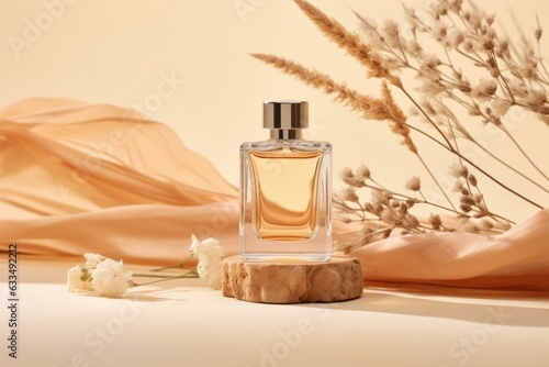 Mock up of  minimal elegant perfume bottle. Stylish parfumerie banner. AI generative © netrun78
