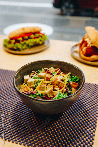 healthy and varied food on a restaurant table.