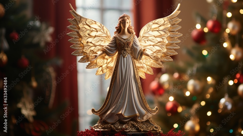 Christmas tree topper Christmas angel decoration element. sits atop the Christmas tree, illuminated by surrounding lights